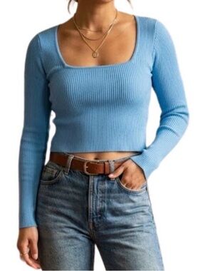 Abercrombie & Fitch Ribbed Square-Neck Crop Top in Sky Blue